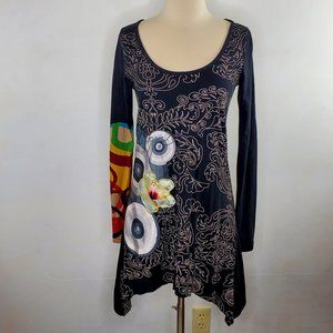 DESIGUAL Long Sleeve Black Print Dress M EUC